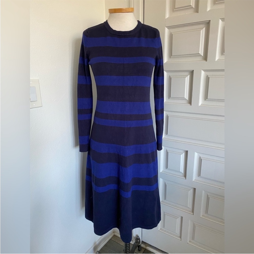 Eliza J Sweater Dress Midi Length Blue Striped Long Sleeve Size Medium